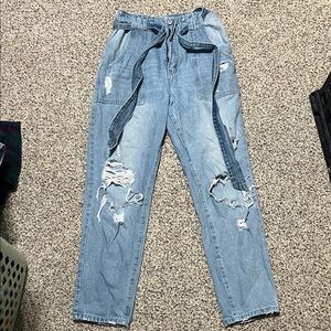 Women's Distressed Straight Leg Jeans - Light Blue